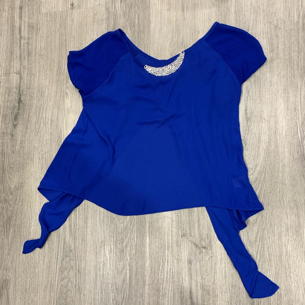 Heartsoul Royal Blue Metal Collar Neckline Tie-Waist Blouse Top Open Back L - Picture 12 of 13